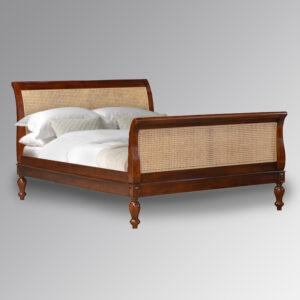 Montparnasse High End Sleigh Bed in Chestnut With Natural Rattan