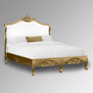 Louis XV Mirabelle Sleigh Bed in Gold Leaf and White Faux Leather