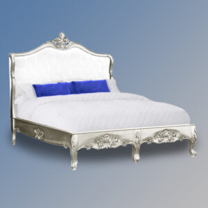 Louis XV Mirabelle Sleigh Bed in Silver Leaf and White Faux Leather