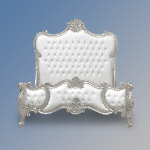 Louis XV Genevieve Bed in Silver Leaf and White Faux Leather