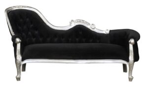 French Moulin Silver Chaise Longue in Black Velvet