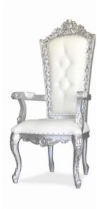 Louis XV Madeline Carved Armchair - Silver Frame Upholstered in White Faux Leather
