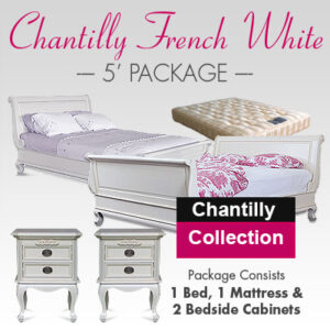Chantilly Sleigh Bed Set - King Size Package - French White