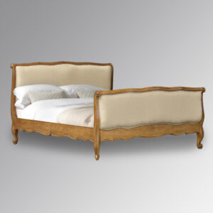 Louis XV Orleans Sleigh bed in French Oak with Oatmeal Linen Upholstery - 5ft Kingsize