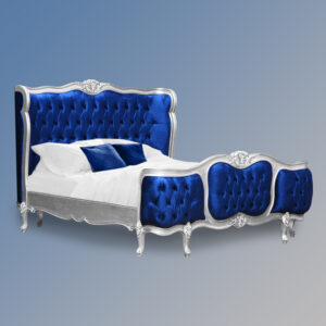 Louis XV - Esmee Sleigh Bed in Silver Frame and Nautical Blue Brushed Velvet Upholstery