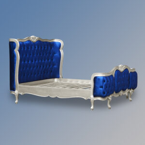 Louis XV - Esmee Sleigh Bed in Silver Frame and Nautical Blue Brushed Velvet Upholstery