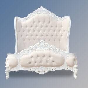 Louis XV Eloise Sleigh Bed - in French White and Cream Twill - Crystal Buttons