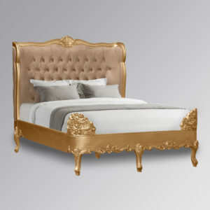 Louis XV Estee Bed in Gold Leaf and Glamour Sand Brushed Velvet Upholstery - 5ft - Kingsize
