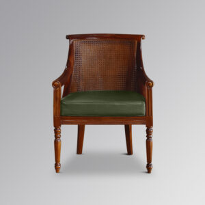 Rattan Scroll Back Armchair with Green Faux Leather - Chestnut Colour