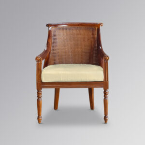 Rattan Scroll Back Armchair with Ivory Damask - Chestnut Colour