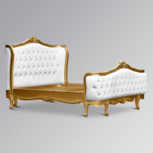 Louis XV - Violette Sleigh Bed in Gold Leaf Frame and White Faux Leather and Crystals